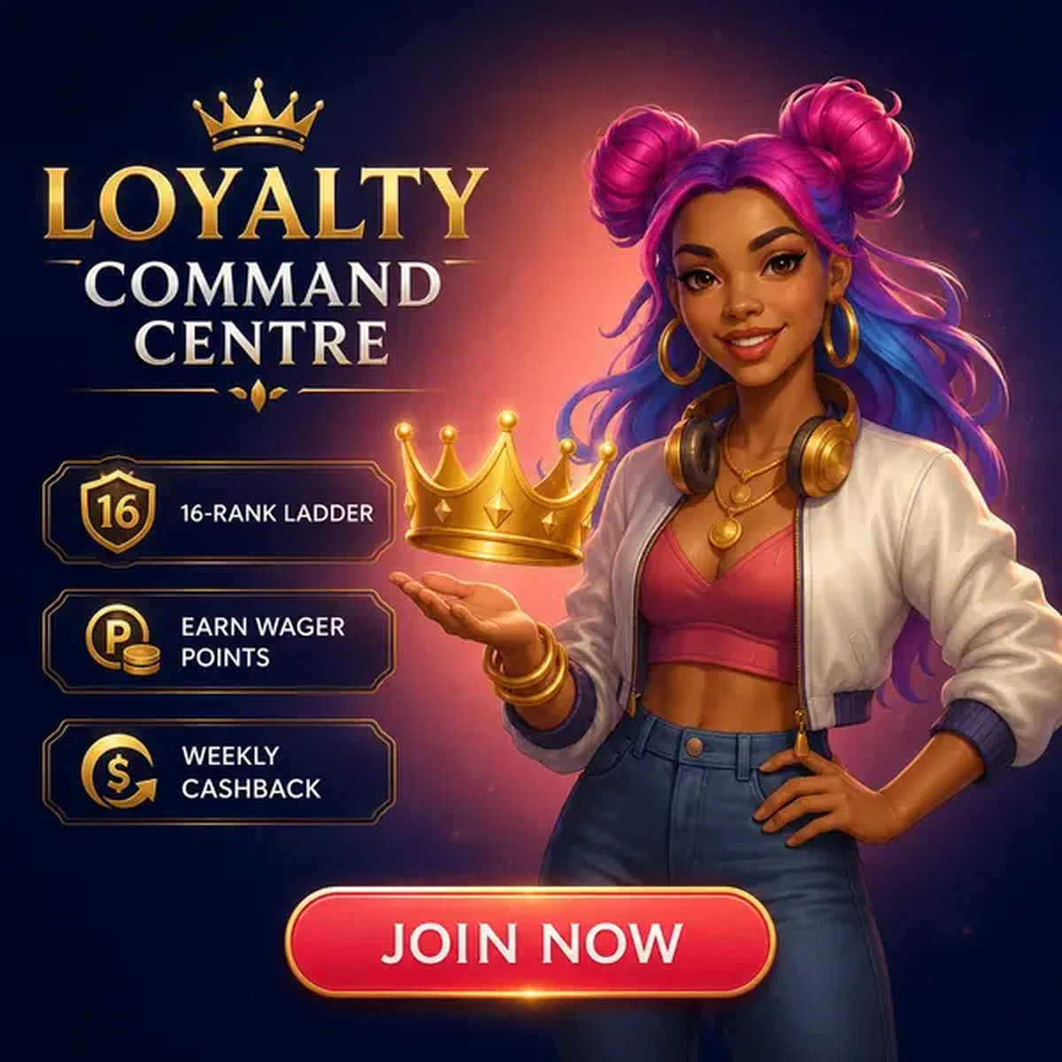 Mujer alegre presentando corona dorada en el centro de fidelización de la app Coolzino Casino