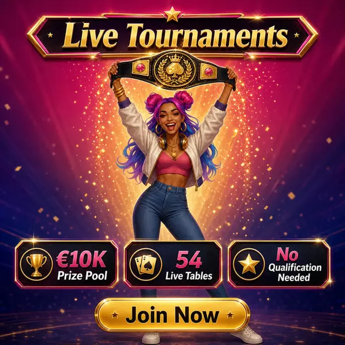 Mujer joven celebra victoria con cinturón de campeonato en Torneos en Vivo y Reconocimiento VIP del casino en vivo