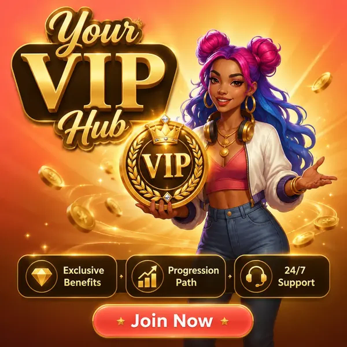 Anfitrión VIP mostrando con orgullo la insignia dorada de fidelidad en el hub de inicio de sesión de Coolzino Casino