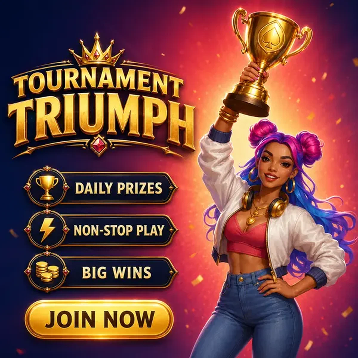 Una mujer alegre sostiene un trofeo dorado celebrando la victoria en torneo en las tragaperras gratis de Coolzino