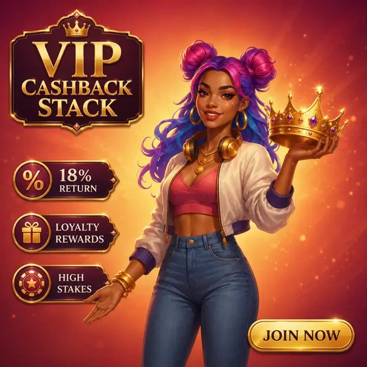 Jugador VIP radiante sosteniendo corona dorada en el salón de bonos VIP Cashback Stack