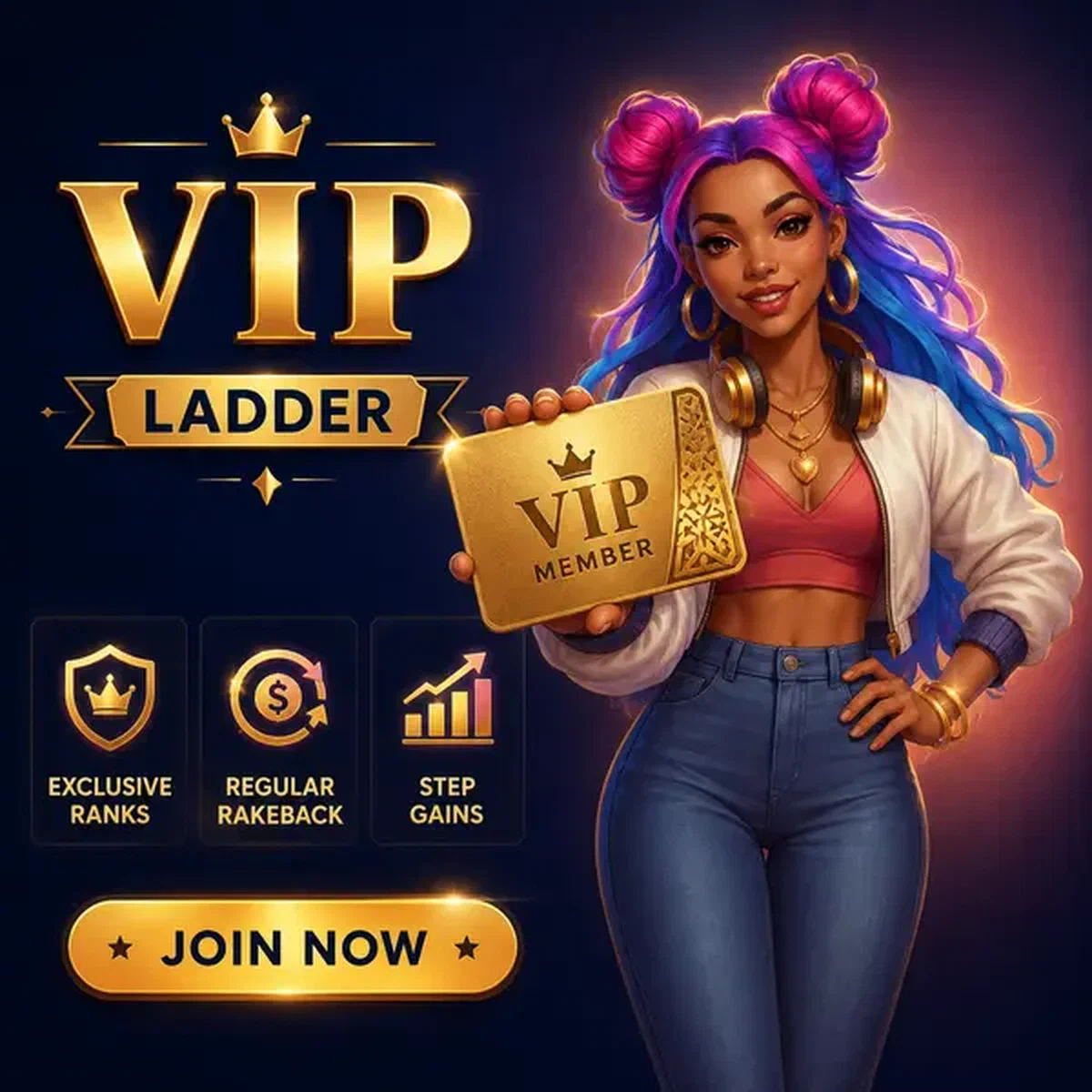 Mujer presentando tarjeta VIP dorada mientras el jugador se une a la Escalera VIP en un salón de juego exclusivo