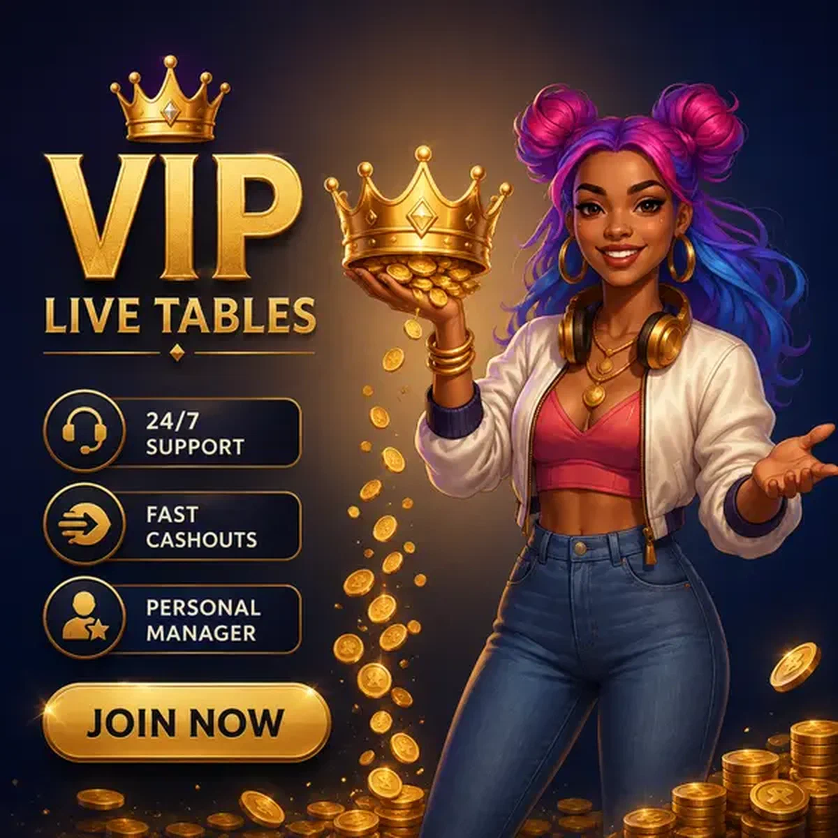 Anfitriona VIP presentando corona dorada en Mesas VIP en Vivo Platinum y Gold con monedas de lujo