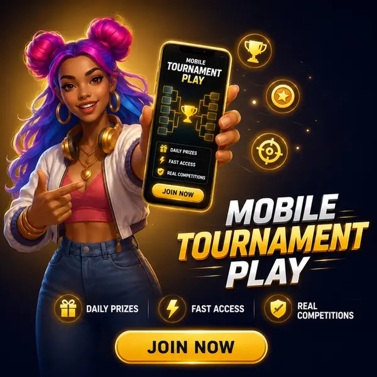 Lucky Drop mostrando bracket de torneo en pantalla de app móvil con iconos de torneo dorados