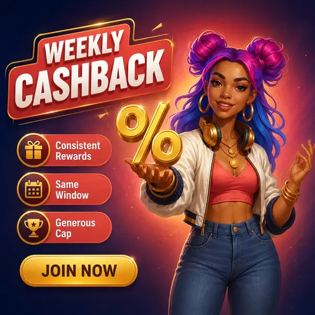 Mujer joven presentando emblema dorado de porcentaje para recompensas de bono Weekly Cashback Rhythm