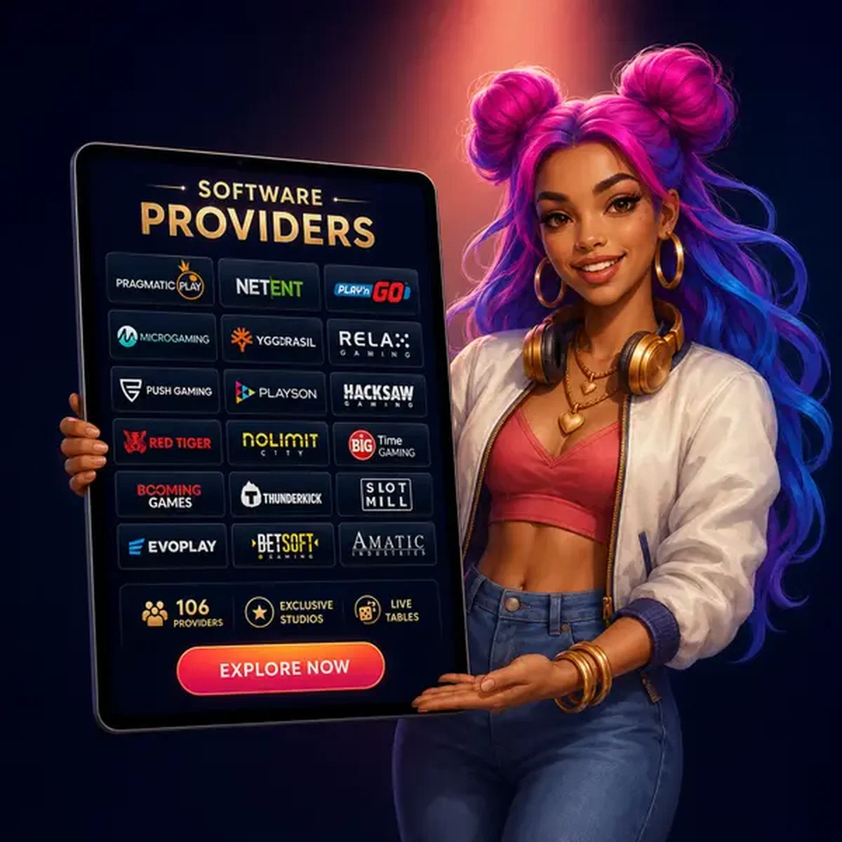 Radosny gospodarz prezentujący dostawców oprogramowania na tablecie w studiu gier Coolzino Casino